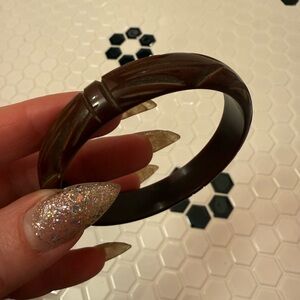 Vintage Bakelite Carved Brown Bangle Bracelet